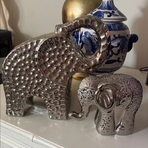 Silver Ceramic Elephant Figurines - Set of 2